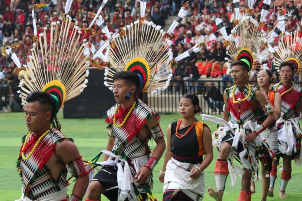 A cultural troupe participating at the ongoing Hornbill Festival 2025 in the Naga Heritage Village, Kisama. (Morung Photo)